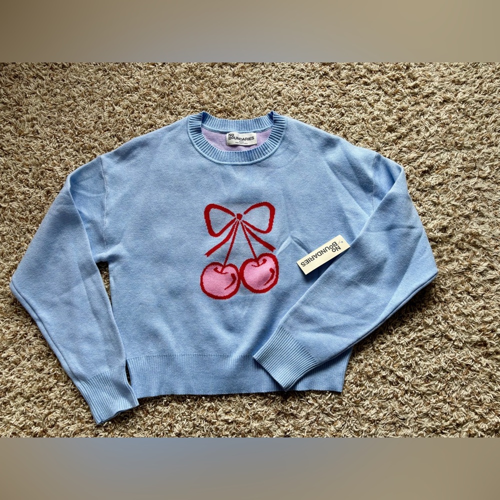 No Boundaries Light Blue and Lilac Knit Sweater With Cherry Motif